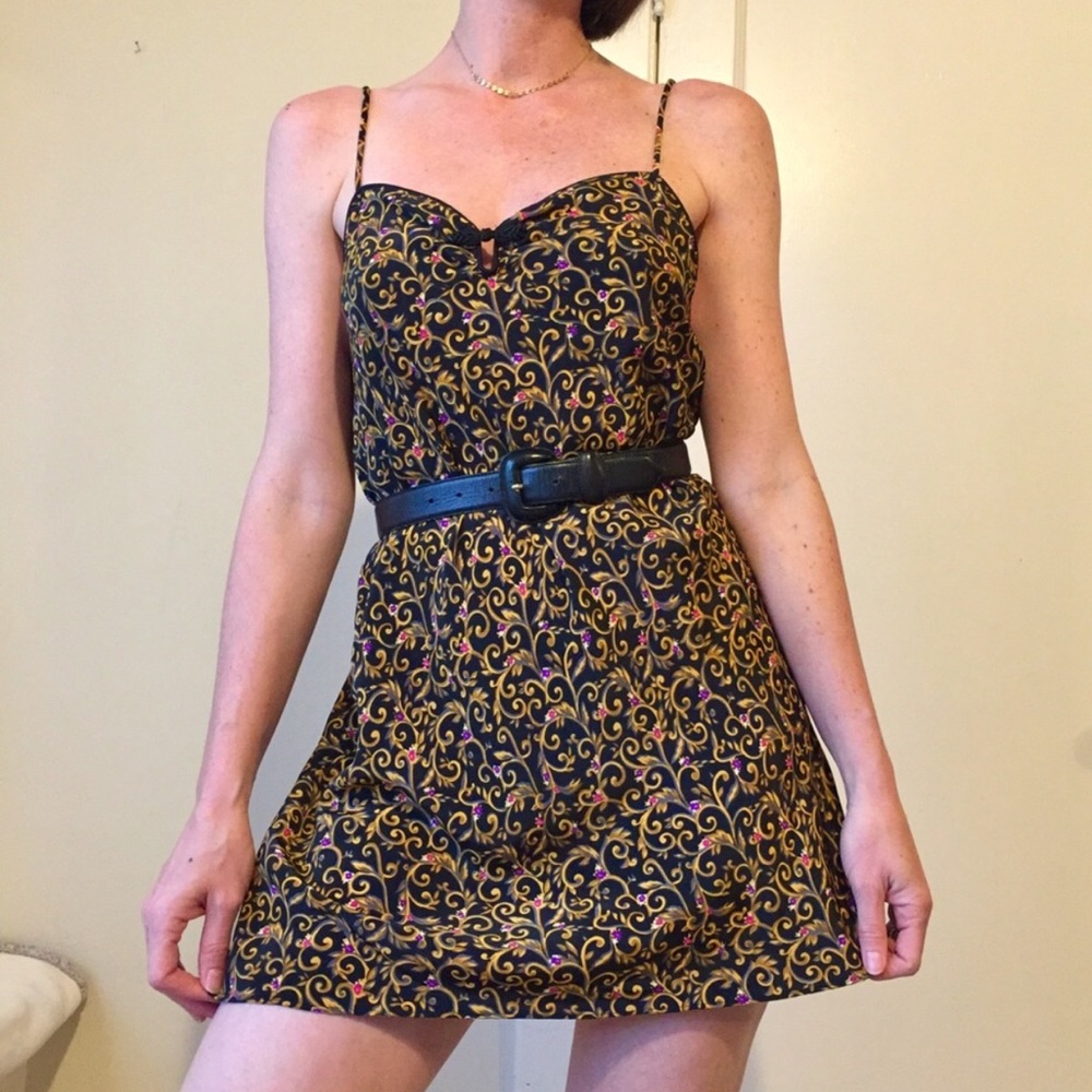original 90s vintage floral black gold slip dress